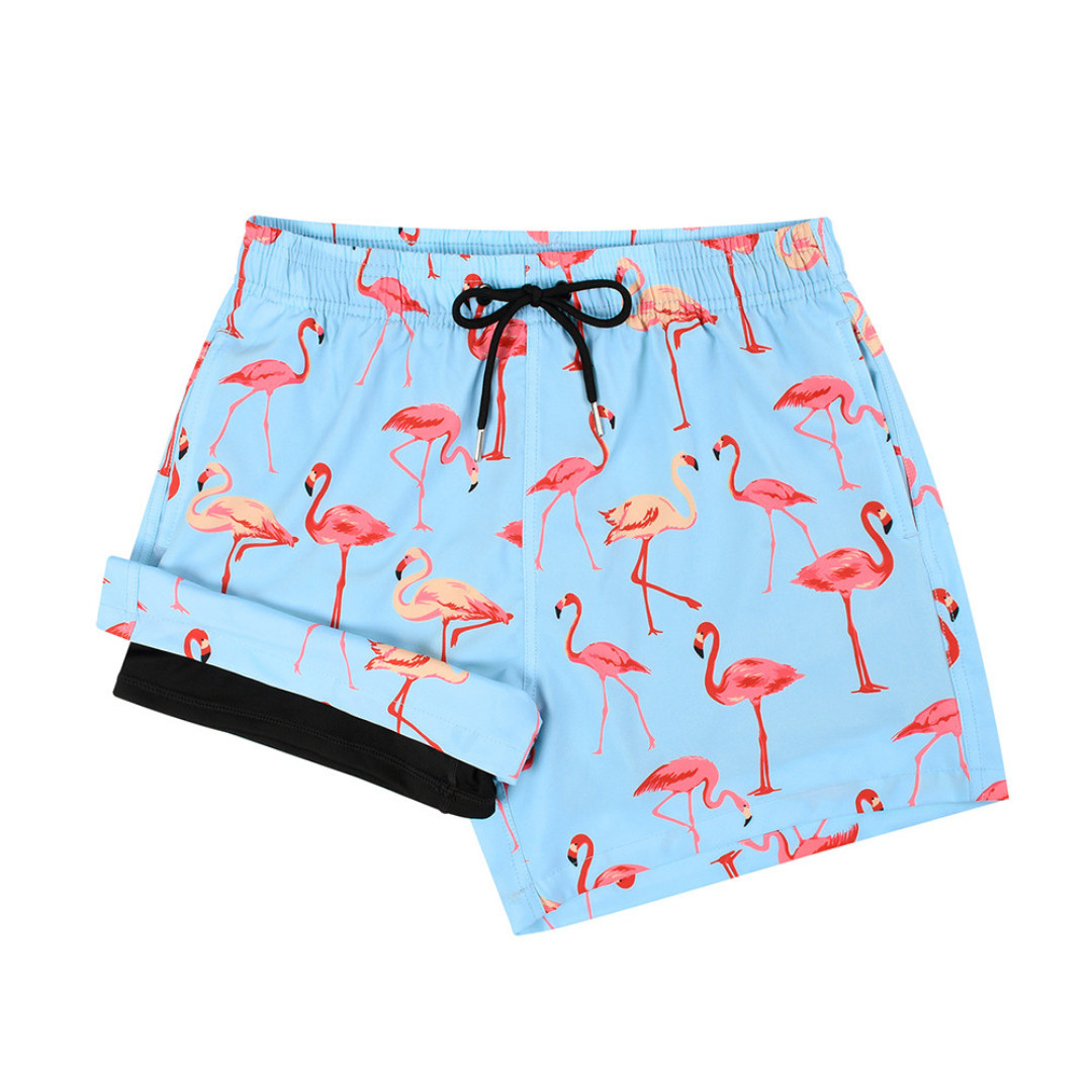 Double-Layered Swimming Trunks | Light Blue Flamingo
