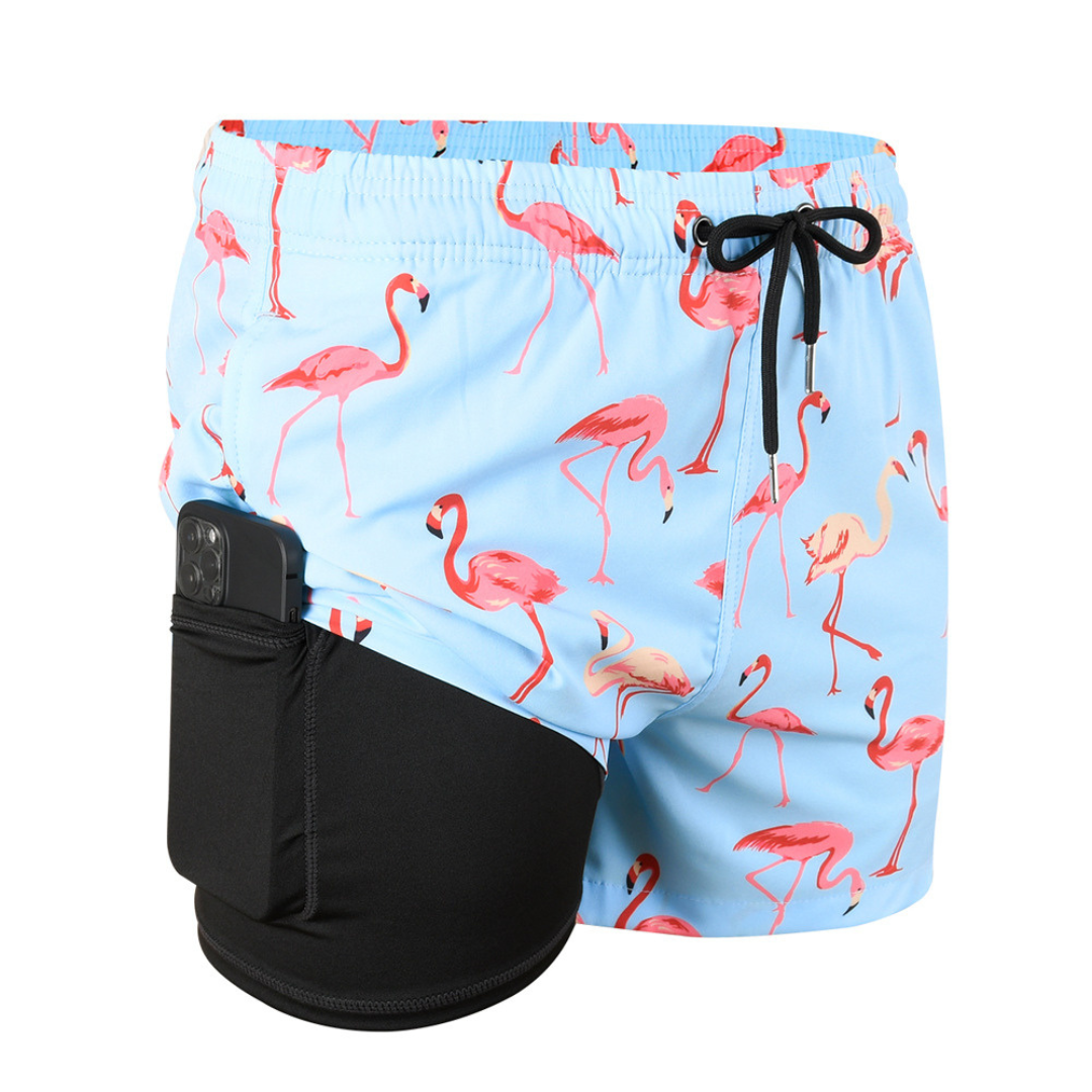 Double-Layered Swimming Trunks | Light Blue Flamingo