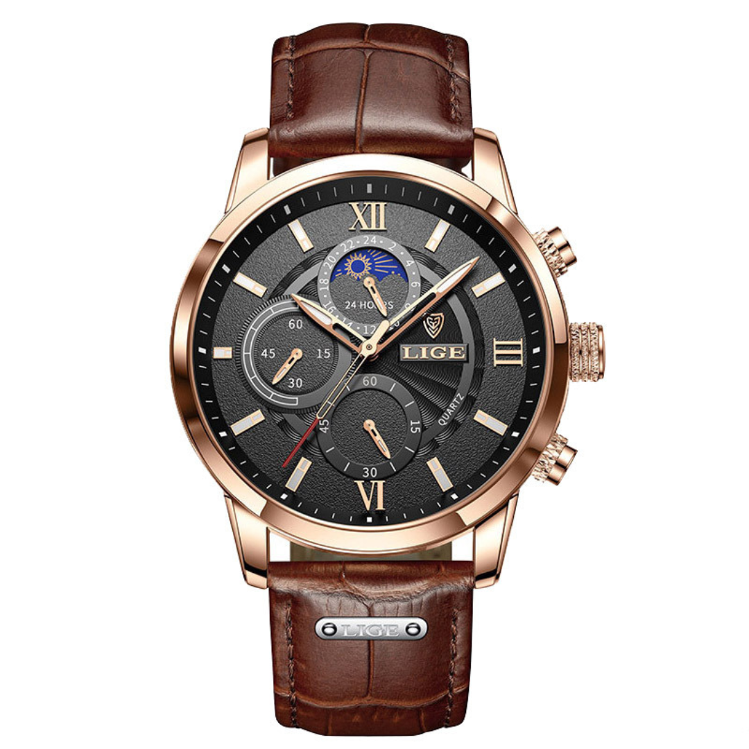 LIGE Chronograph Waterproof Quartz Watch | Rose Gold | Black Dial