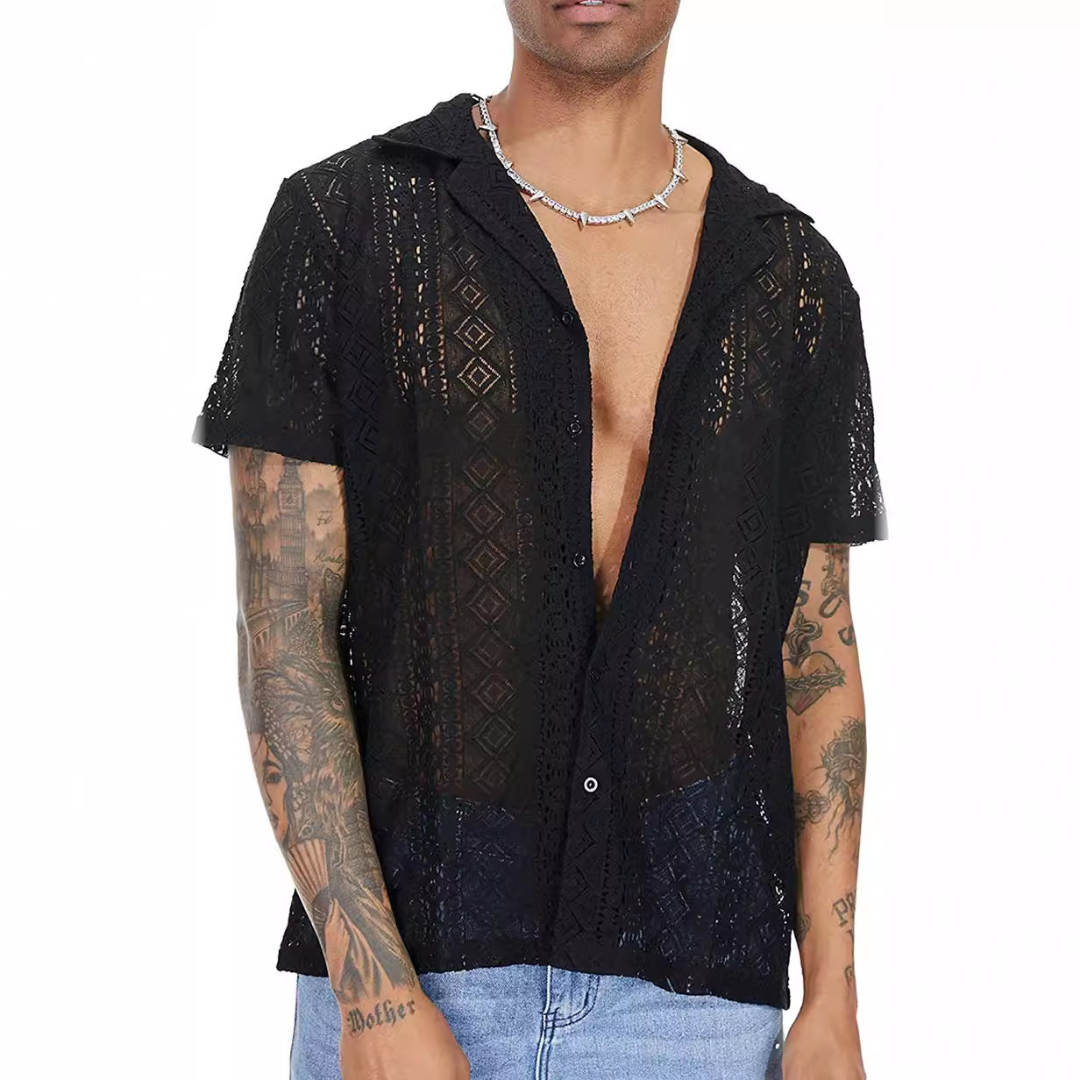 Floral Lace Short-Sleeved Shirt | Black