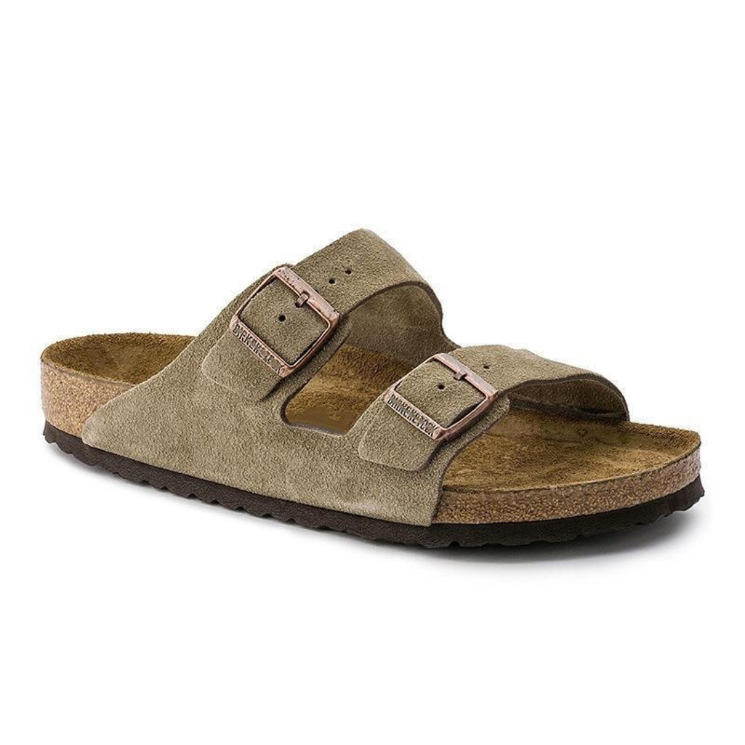 Two-Strap Arizona Leather Sandal | Grey Green Suede