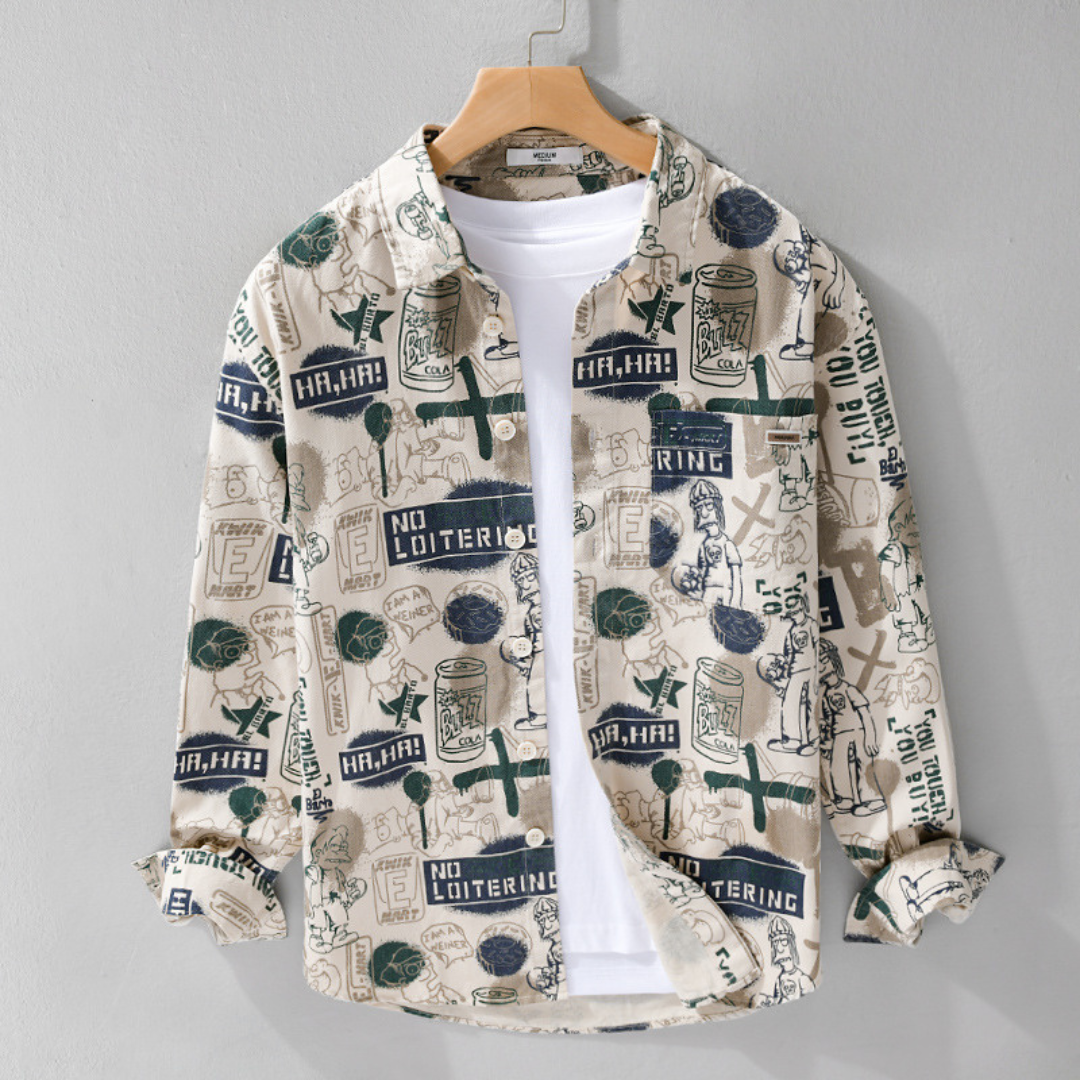 Casual Long-Sleeved Graffiti Shirt | Blue