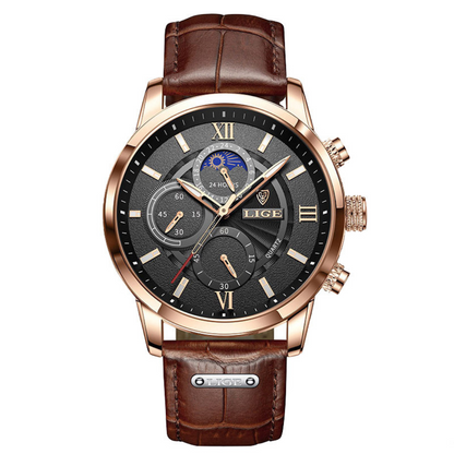 LIGE Chronograph Waterproof Quartz Watch | Rose Gold | Black Dial