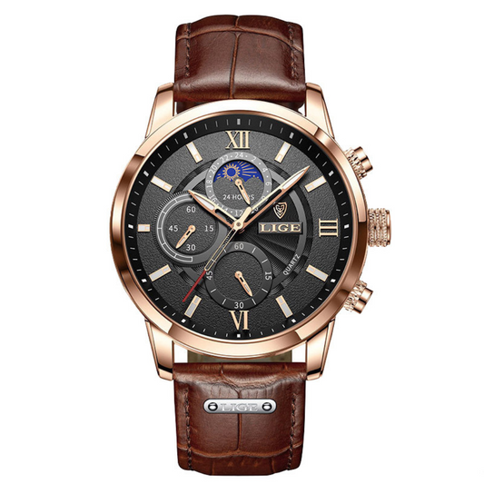 LIGE Chronograph Waterproof Quartz Watch | Rose Gold | Black Dial