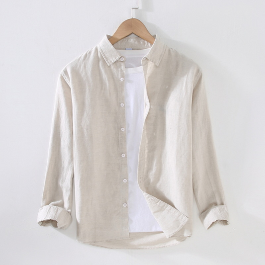 Long-Sleeved Collared Linen Shirt | Beige