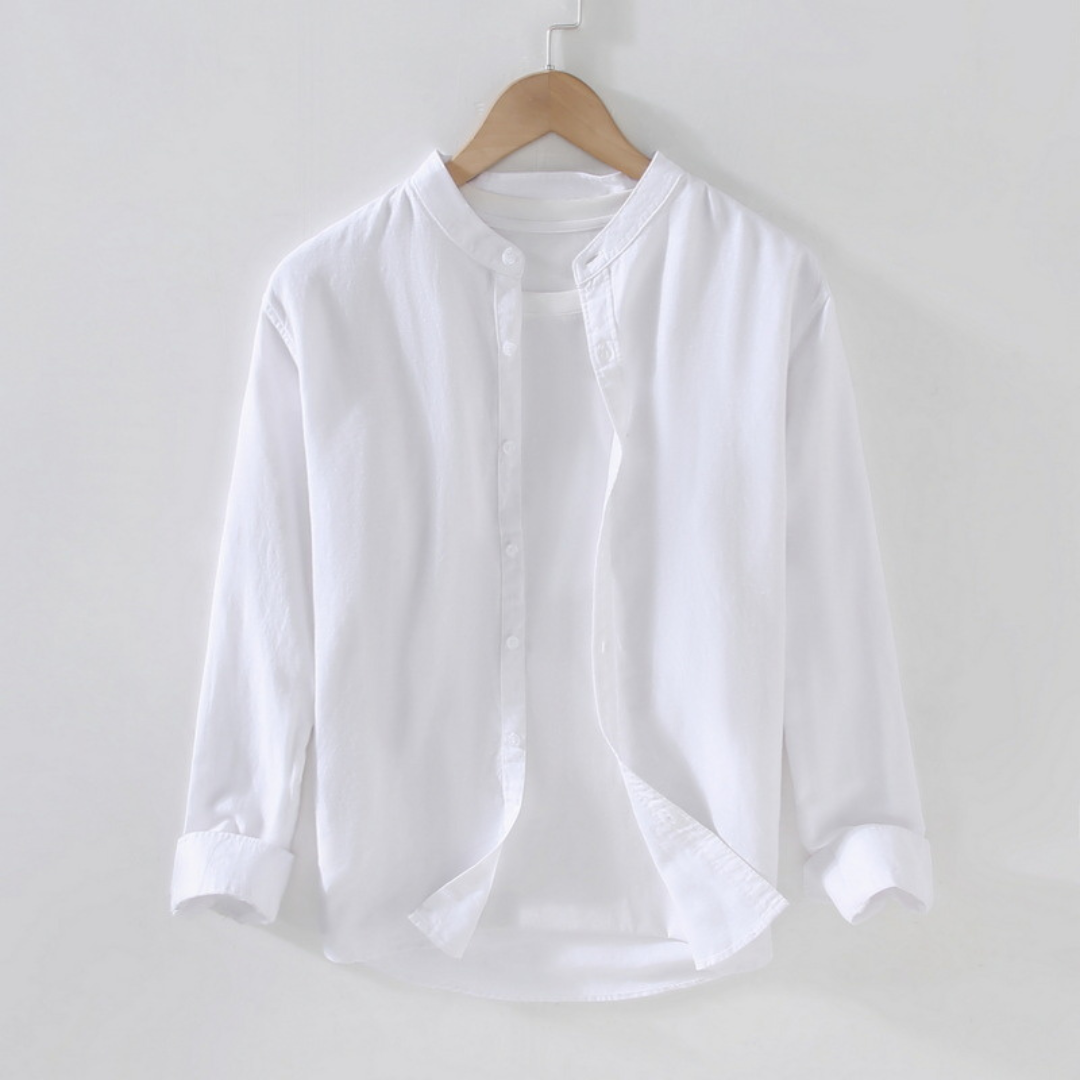 Long-Sleeved Round Neck Linen Shirt | White
