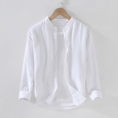 Long-Sleeved Round Neck Linen Shirt | White