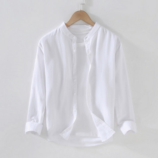 Long-Sleeved Round Neck Linen Shirt | White
