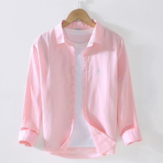Long-Sleeved Collared Linen Shirt | Pink