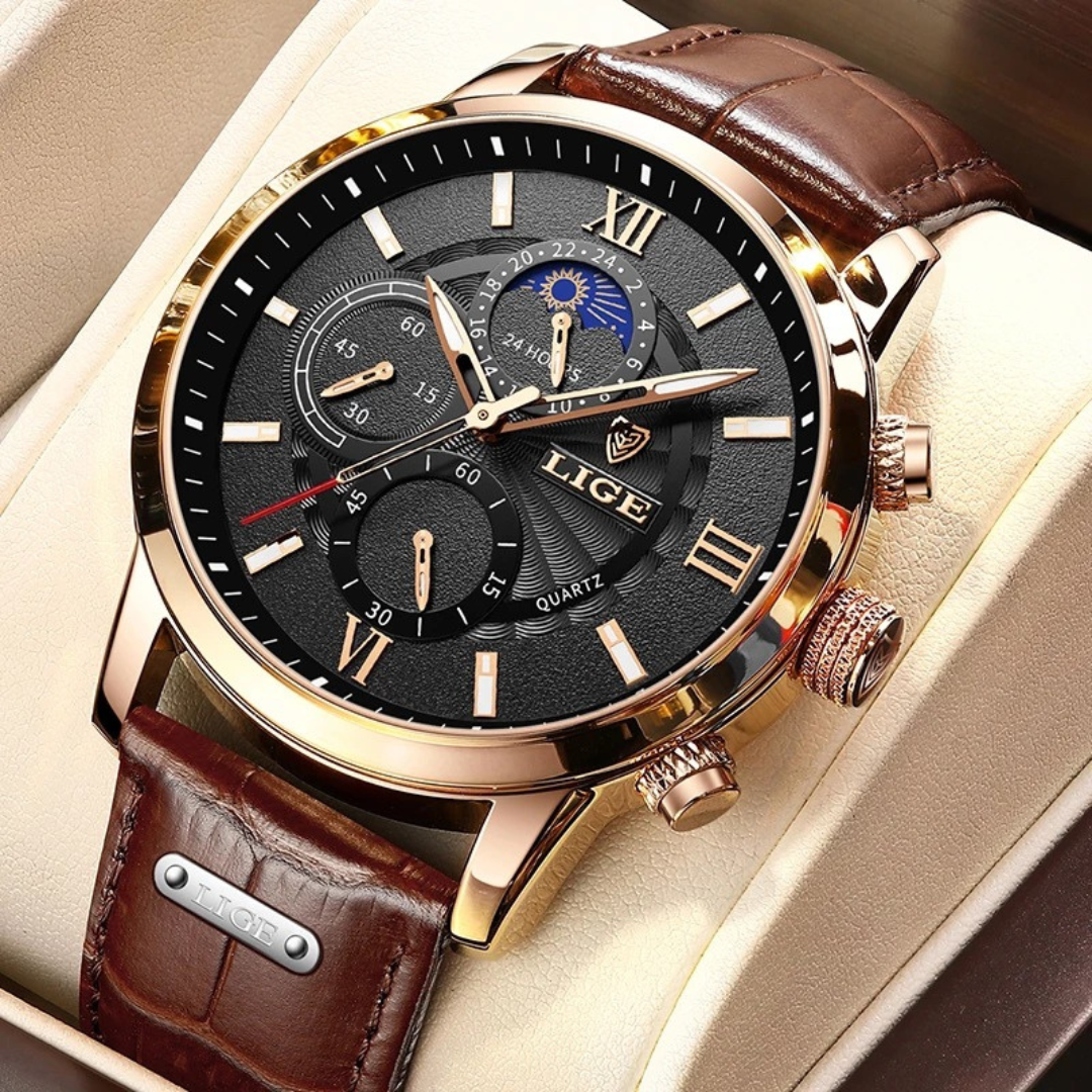 LIGE Chronograph Waterproof Quartz Watch | Rose Gold | Black Dial