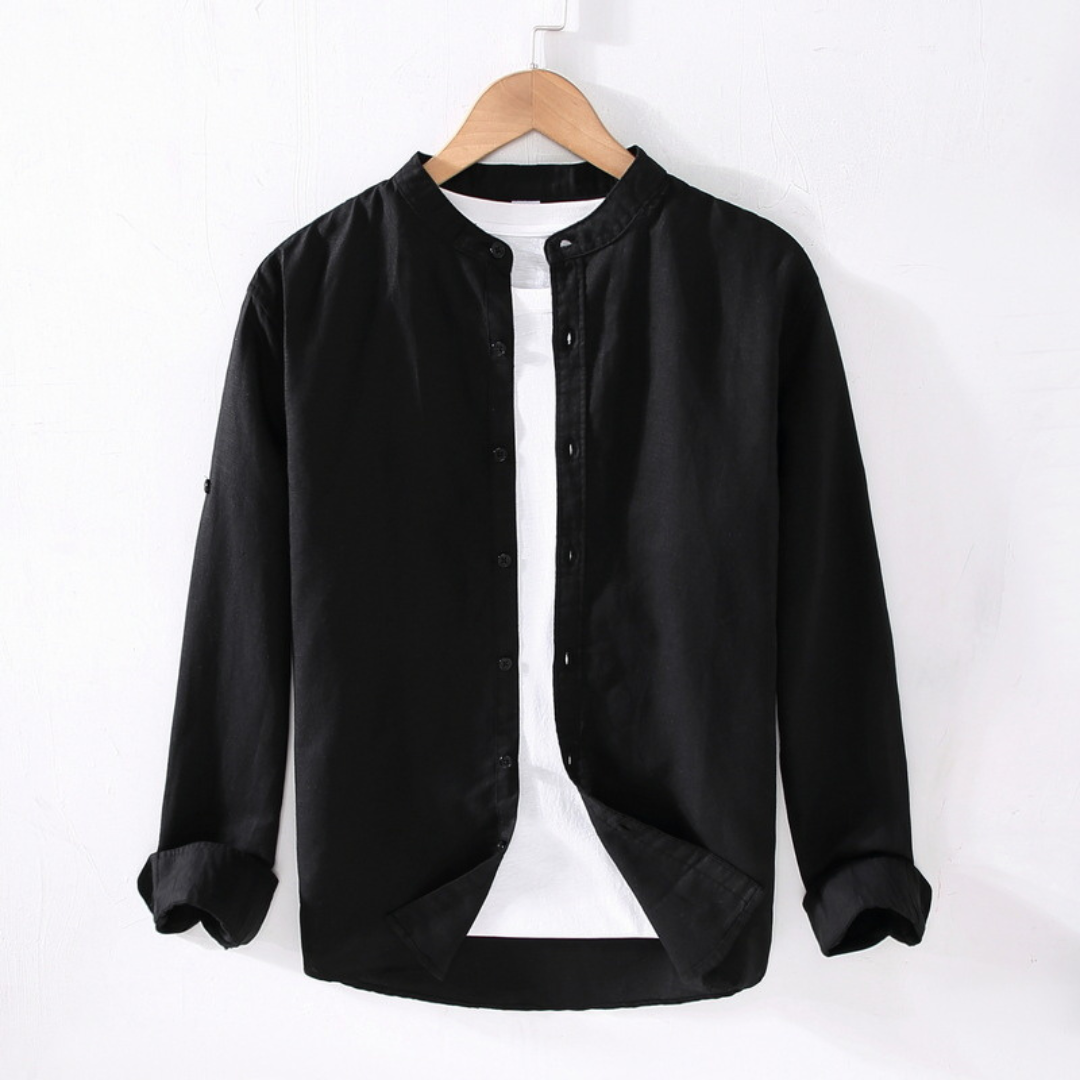 Long-Sleeved Round Neck Linen Shirt | Black