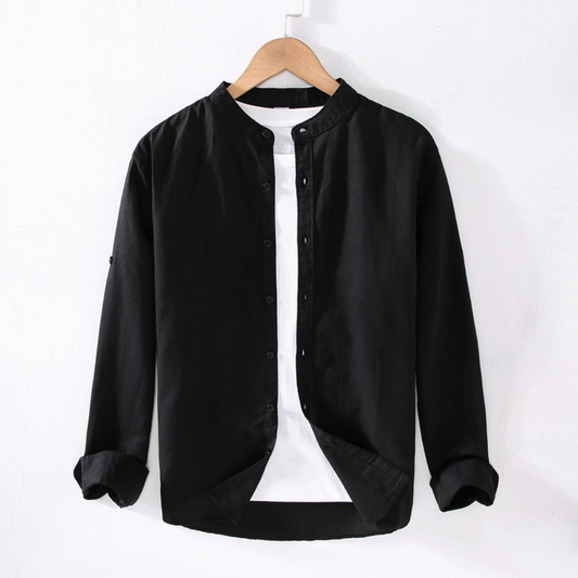 Long-Sleeved Round Neck Linen Shirt | Black