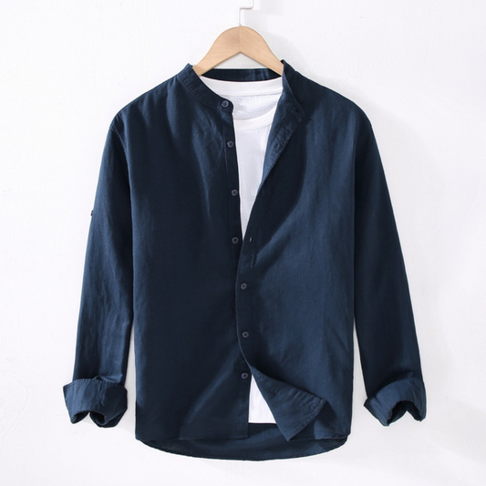 Long-Sleeved Round Neck Linen Shirt | Navy Blue