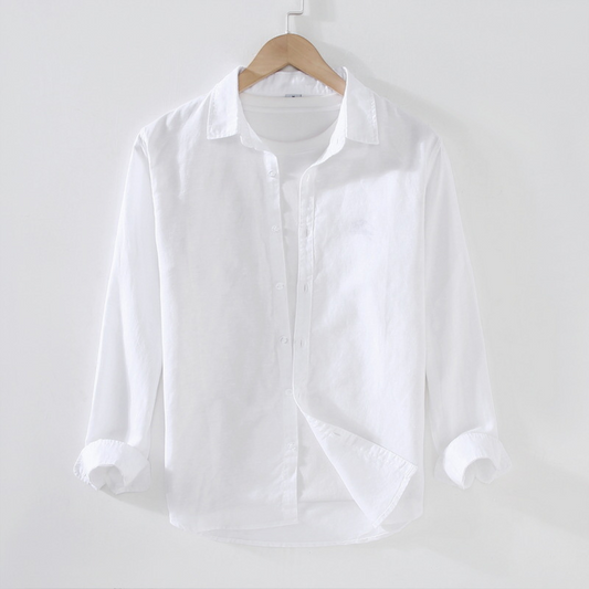 Long-Sleeved Collared Linen Shirt | White
