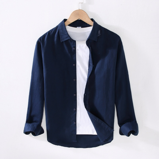 Long-Sleeved Collared Linen Shirt | Navy Blue