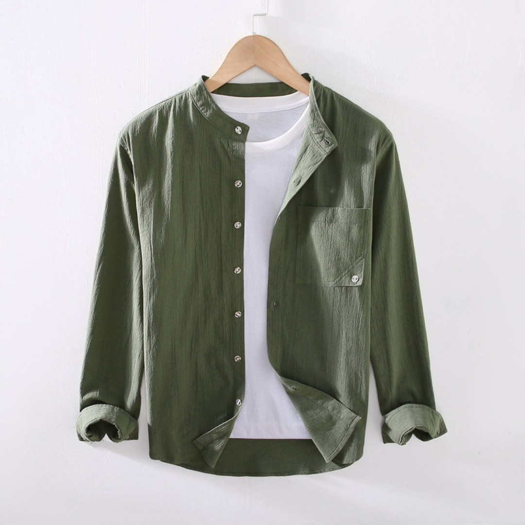 Long-Sleeved Round Neck Linen Shirt | Green