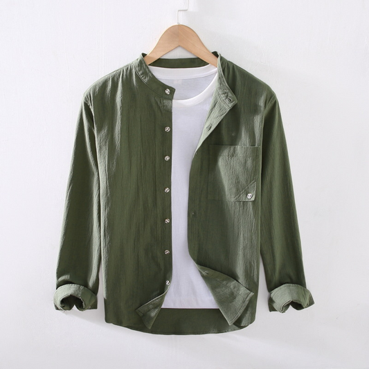 Long-Sleeved Round Neck Linen Shirt | Green
