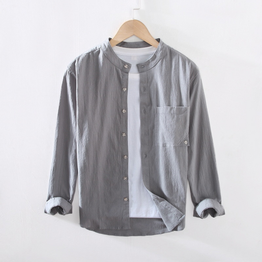 Long-Sleeved Round Neck Linen Shirt | Grey