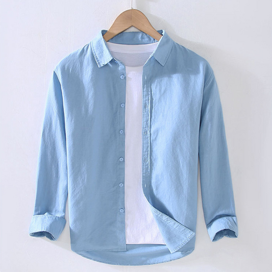 Long-Sleeved Collared Linen Shirt | Ocean Blue