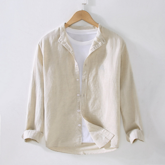 Long-Sleeved Round Neck Linen Shirt | Beige
