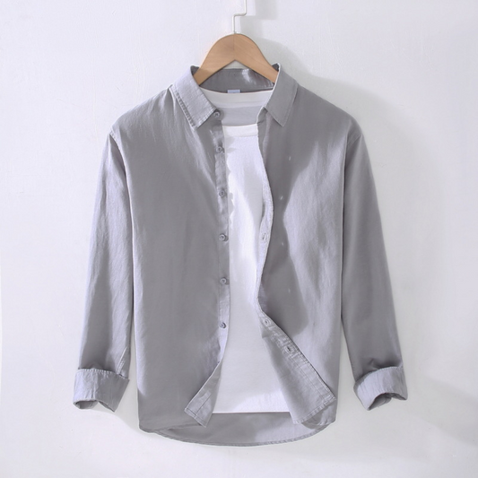 Long-Sleeved Collared Linen Shirt | Grey