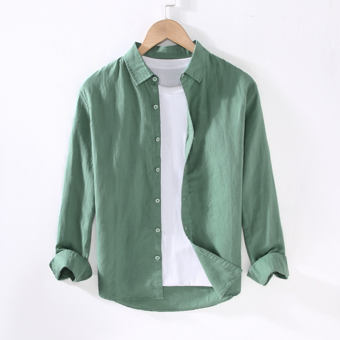 Long-Sleeved Collared Linen Shirt | Green