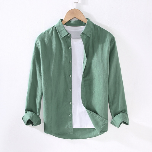 Long-Sleeved Collared Linen Shirt | Green