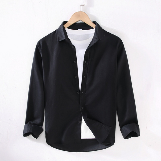 Long-Sleeved Collared Linen Shirt | Black